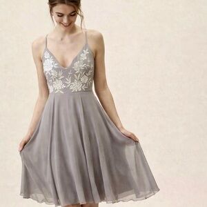 BHLDN Gray Floral Chiffon Knee Length Dress 2